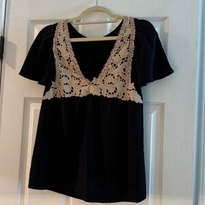 Black Twelfth Street By Cynthia Vincent Silk Top with Lace Detail - Sz Small